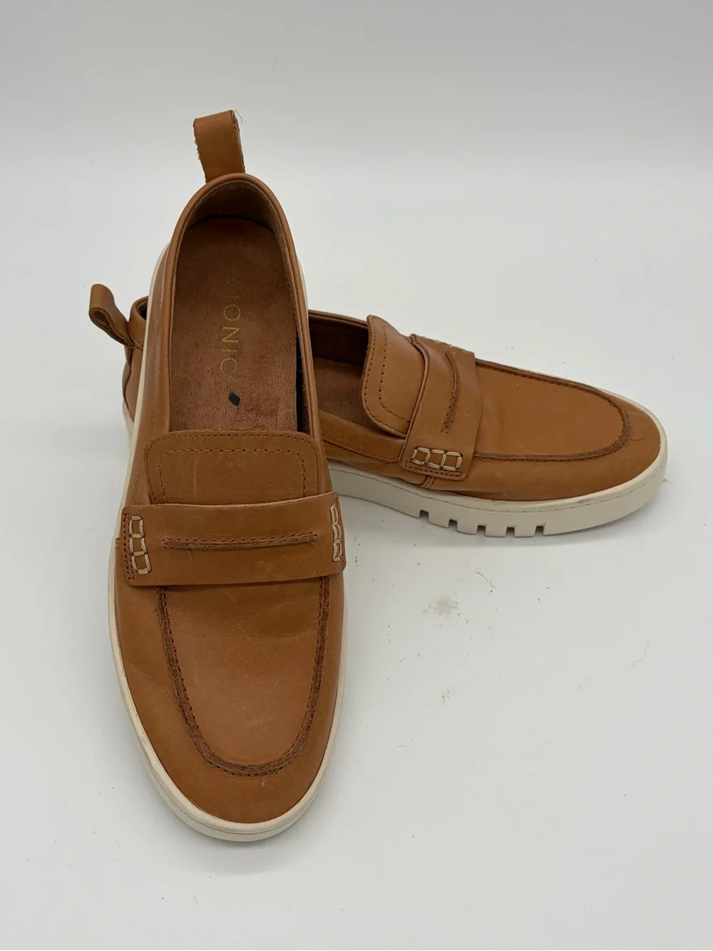 Vionic Tan Leather Penny Loafers with White Sole